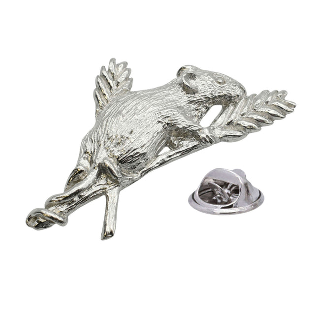 Shiny bright finish mouse pewter lapel pin badge on leafy branch with clutch fastening