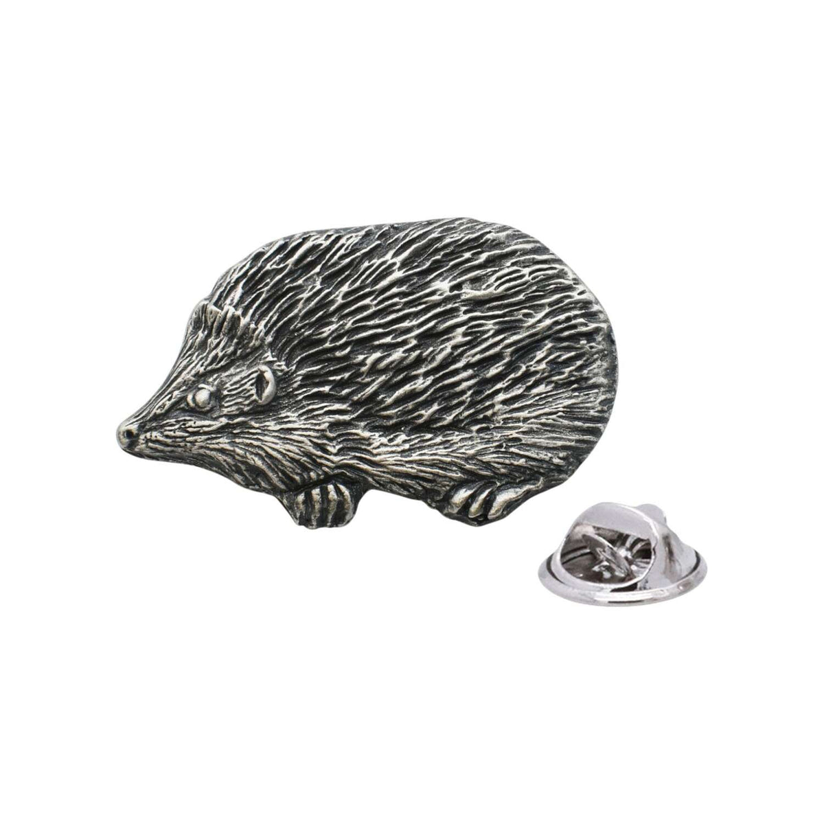 Antique finish hedgehog pewter lapel pin badge with clutch fastening