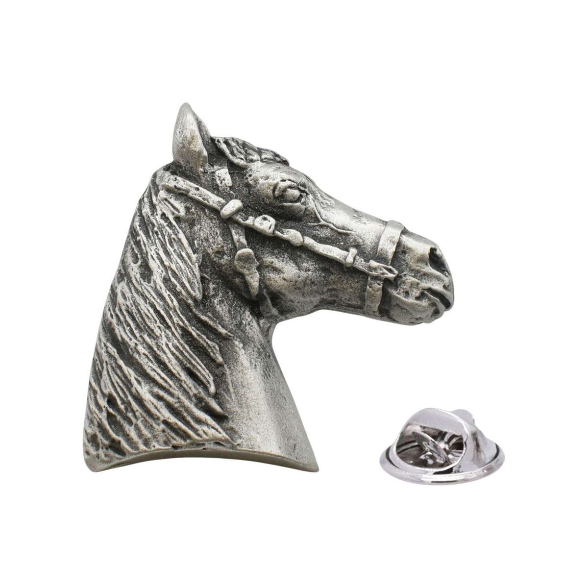 Antique finish horse head pewter lapel pin badge with bridle and clutch fastening