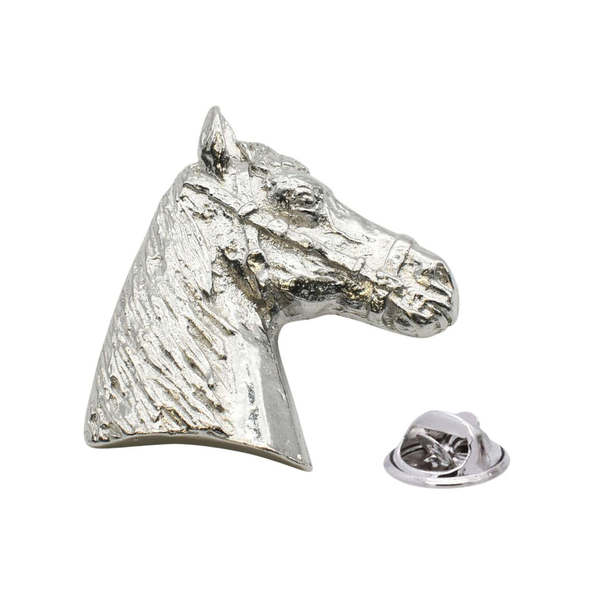 Shiny bright finish horse head pewter lapel pin badge with bridle and clutch fastening