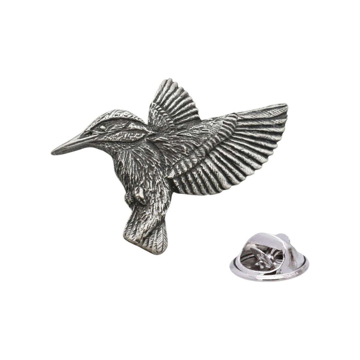 Antique finish kingfisher pewter lapel pin badge in flight with clutch fastening