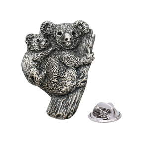 Antique finish pewter koala and baby lapel pin badge with clutch fastening