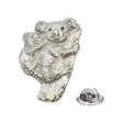 Shiny silver-coloured koala lapel pin featuring adult and baby koala on a tree