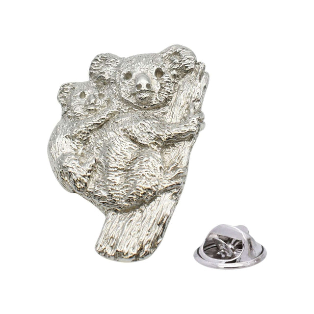 Shiny silver-coloured koala lapel pin featuring adult and baby koala on a tree
