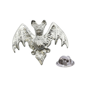 Shiny bright silver-coloured bat lapel pin with spread wings and butterfly clasp