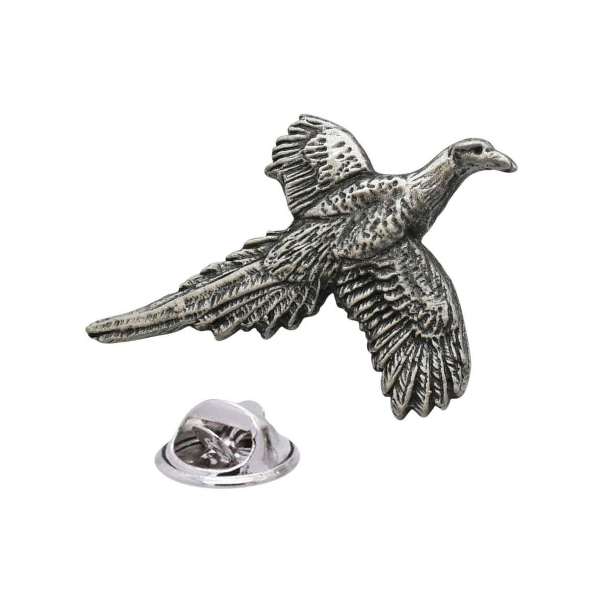 Antique silver-coloured flying pheasant lapel pin with detailed wings and butterfly clasp