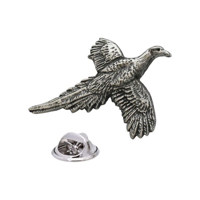 Antique silver-coloured flying pheasant lapel pin with detailed wings and butterfly clasp