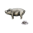 Antique silver-coloured standing pig lapel pin badge with curled tail and butterfly clasp
