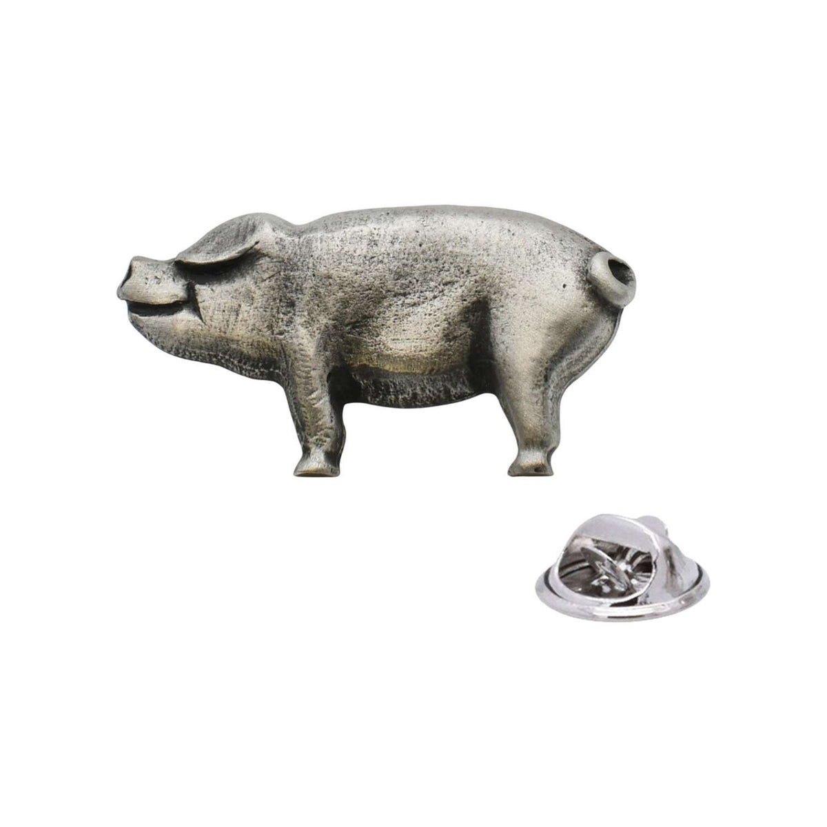 Antique silver-coloured standing pig lapel pin badge with curled tail and butterfly clasp