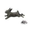 Antique silver-coloured running rabbit lapel pin badge with outstretched legs and butterfly clasp