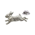 Shiny bright silver-coloured running rabbit lapel pin with outstretched legs and butterfly clasp