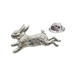 Shiny bright silver-coloured running rabbit lapel pin with outstretched legs and butterfly clasp