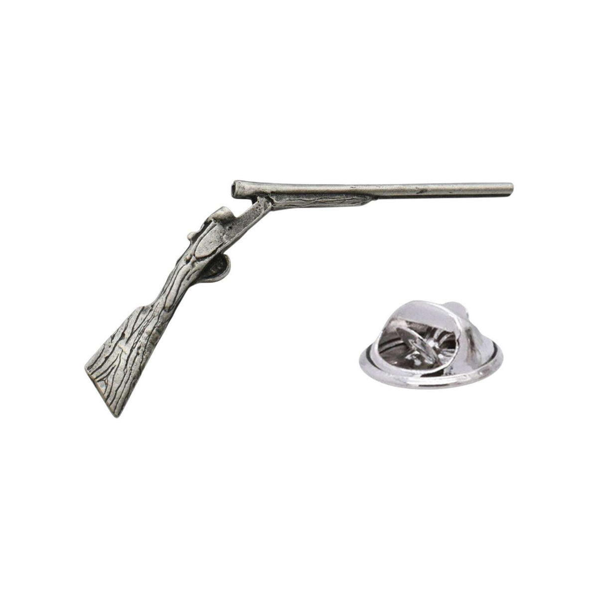 Antique silver-coloured shotgun lapel pin badge showing a traditional sporting shotgun with butterfly clasp