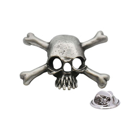 Antique silver-coloured skull and crossbones lapel pin badge with butterfly clasp