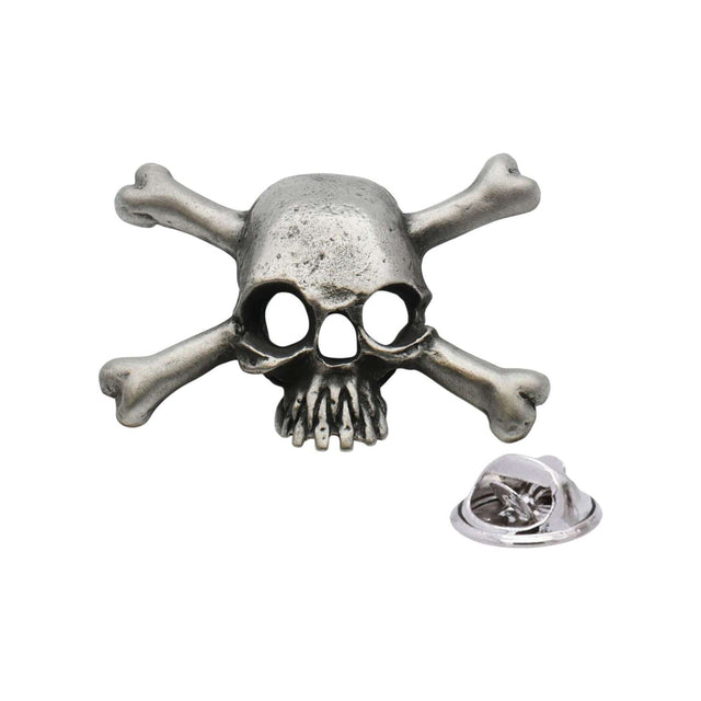 Antique silver-coloured skull and crossbones lapel pin badge with butterfly clasp