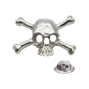Shiny bright silver-coloured skull and crossbones lapel pin with butterfly fastening