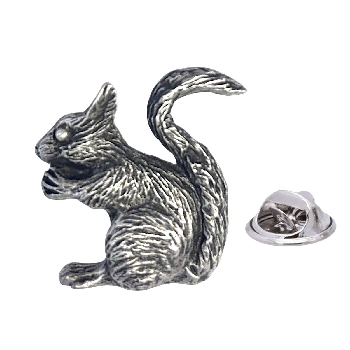 Antique silver-coloured squirrel lapel pin badge with curled bushy tail and butterfly fastening