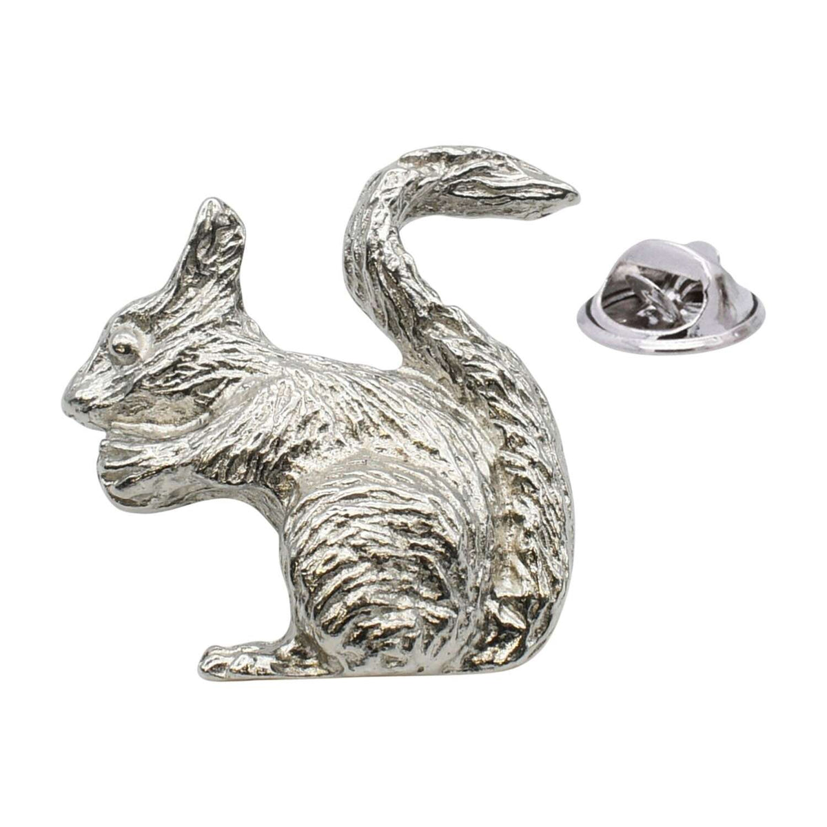 Shiny bright silver-coloured squirrel lapel pin badge with curled bushy tail and butterfly fastening