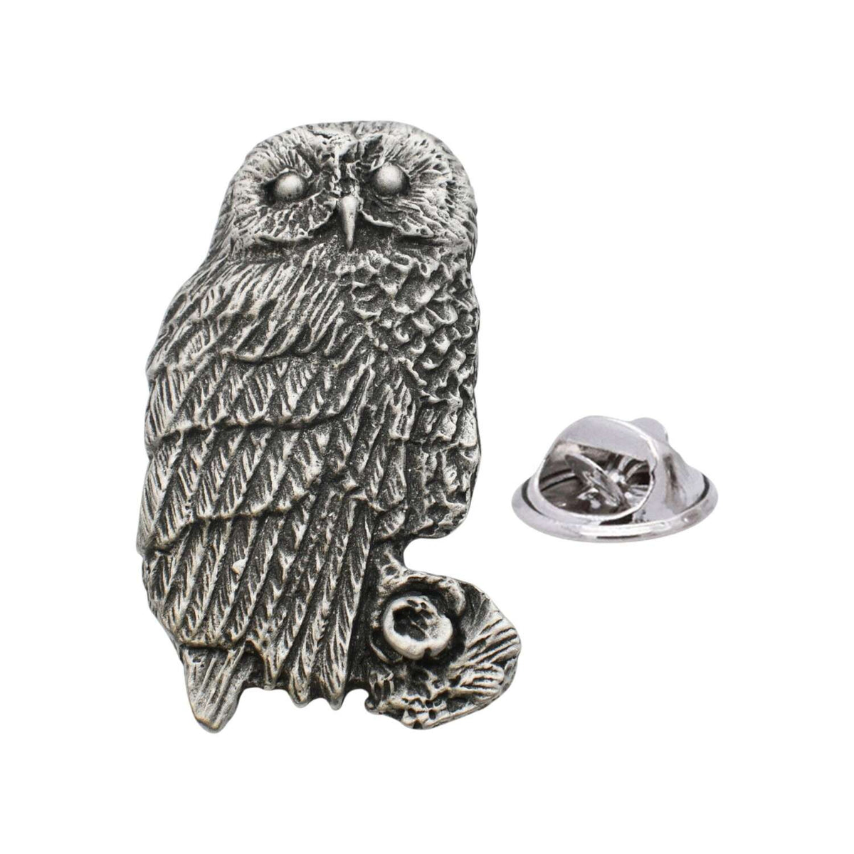 Antique silver-coloured owl lapel pin badge with detailed feather texture and butterfly clasp