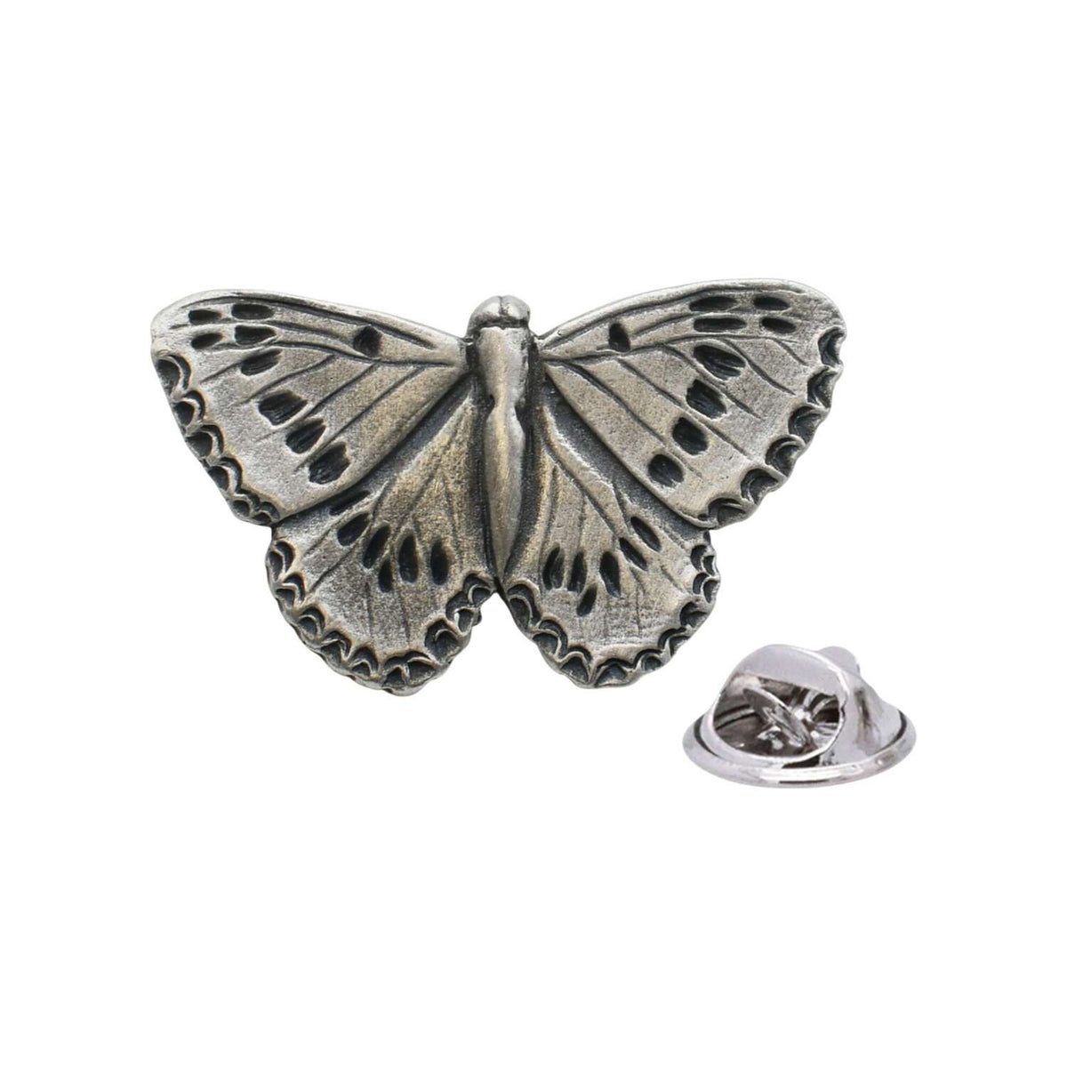 Antique silver-coloured butterfly lapel pin badge with patterned spread wings and butterfly fastening