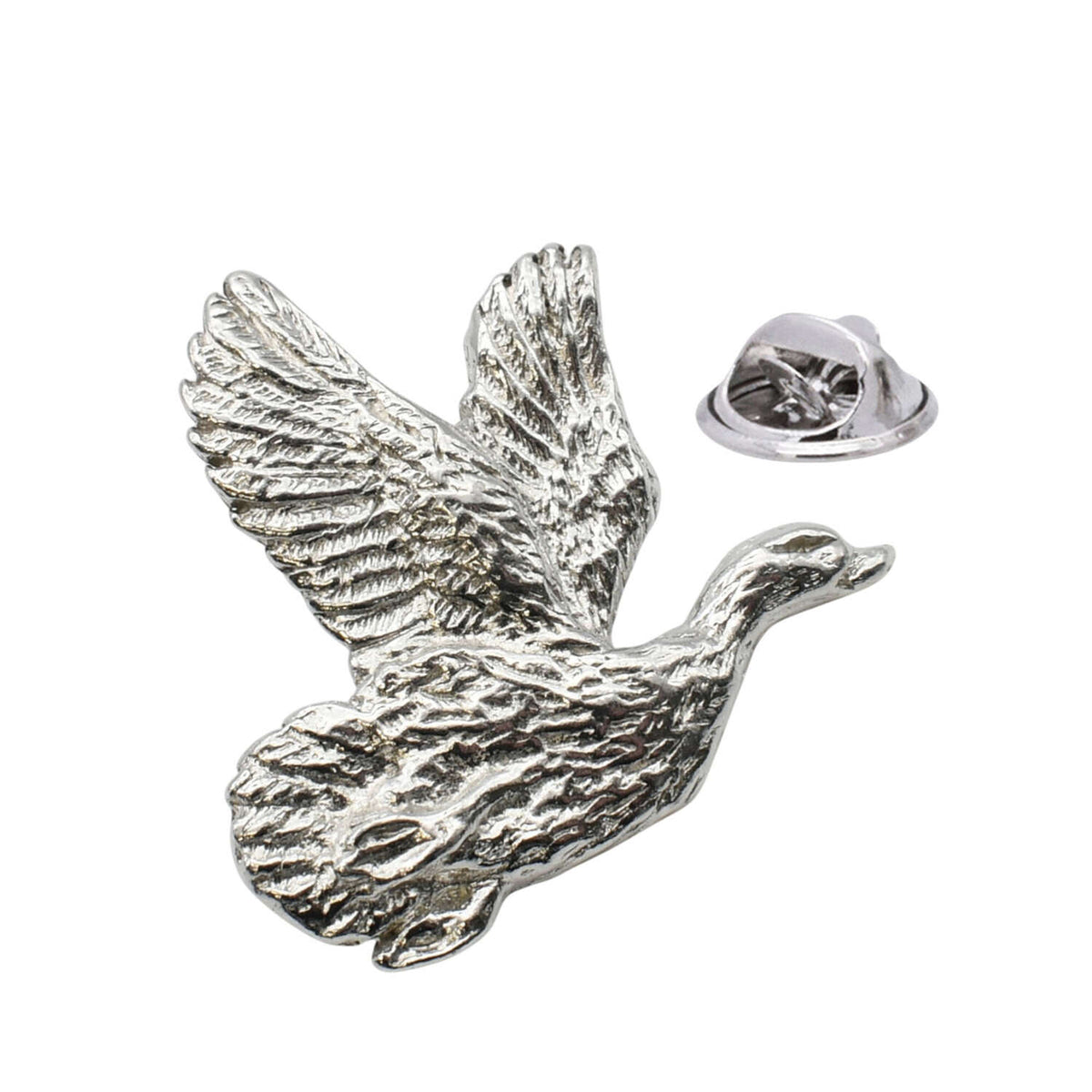 Shiny bright silver-coloured teal duck lapel pin in flight with raised wings and butterfly clasp