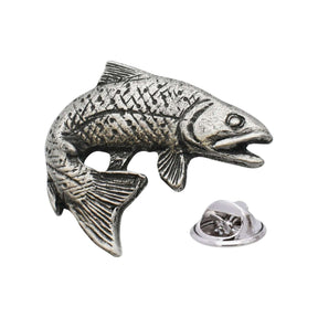 Antique silver-coloured leaping trout fish lapel pin with textured scales and butterfly clasp