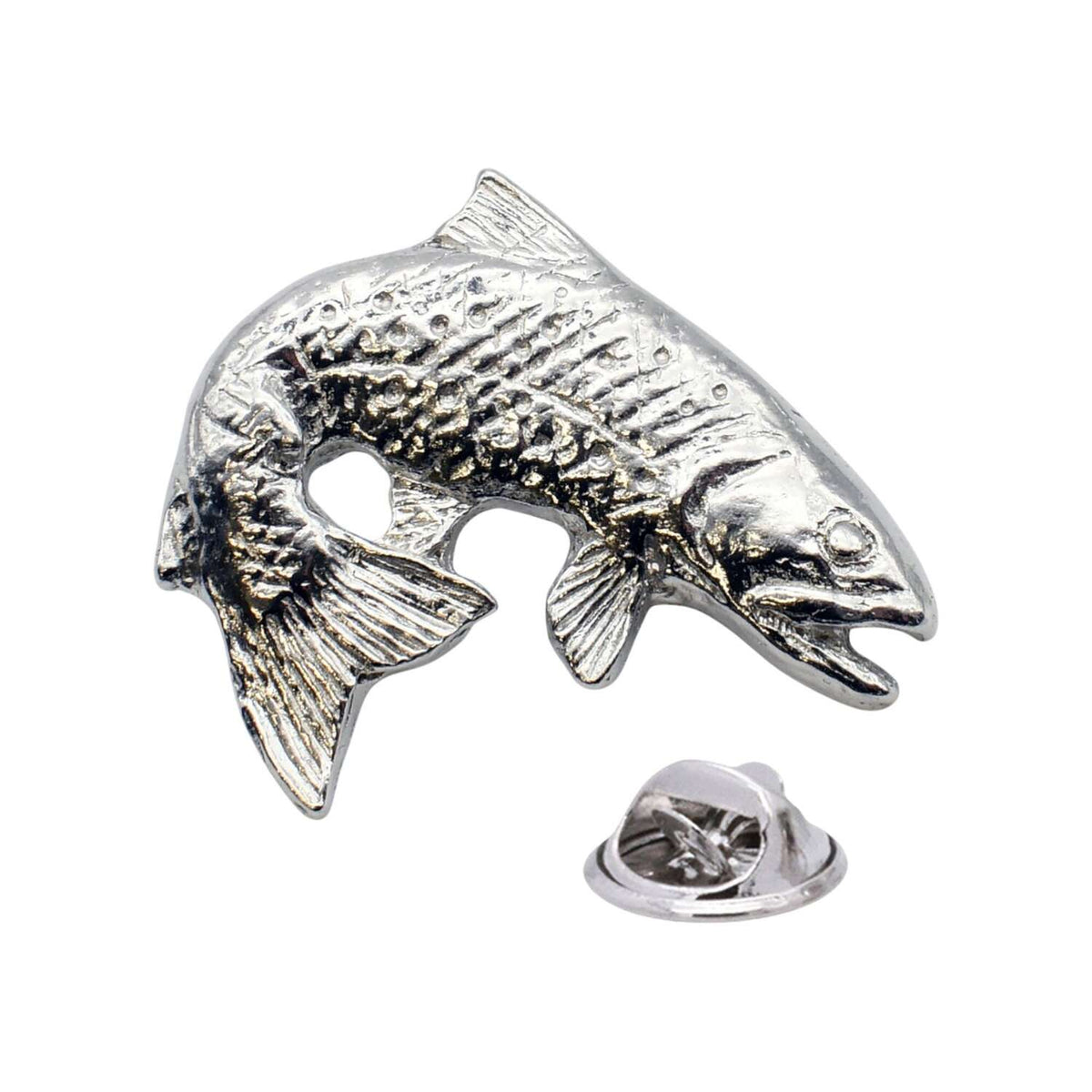 Shiny bright silver-coloured leaping trout fish lapel pin with textured scales and butterfly clasp