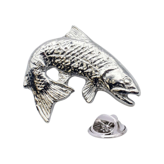 Shiny bright silver-coloured leaping trout fish lapel pin with textured scales and butterfly clasp