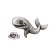 Antique silver-coloured whale lapel pin badge with raised tail and butterfly clasp