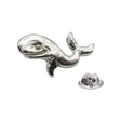 Shiny bright silver-coloured swimming whale lapel pin with raised tail and butterfly clasp