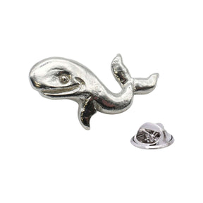 Shiny bright silver-coloured swimming whale lapel pin with raised tail and butterfly clasp