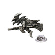 Antique silver-coloured flying witch on broomstick lapel pin with butterfly clasp
