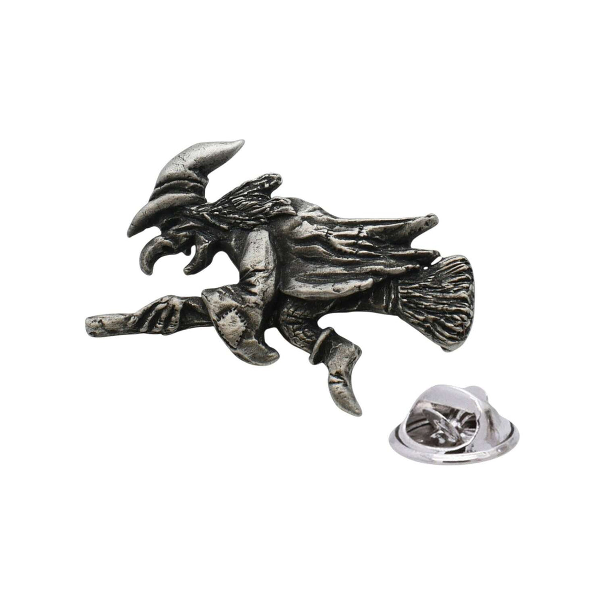 Antique silver-coloured flying witch on broomstick lapel pin with butterfly clasp