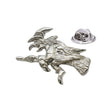 Shiny bright silver-coloured flying witch on broomstick lapel pin with butterfly clasp