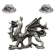 Antique silver-coloured Welsh dragon lapel pin badge with raised wing and two butterfly clasps