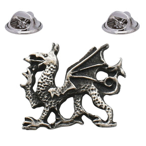 Antique silver-coloured Welsh dragon lapel pin badge with raised wing and two butterfly clasps