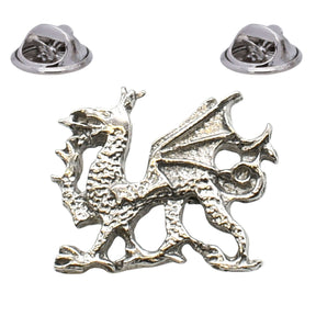 Bright silver-coloured Welsh dragon lapel pin with raised wing and two butterfly clasps
