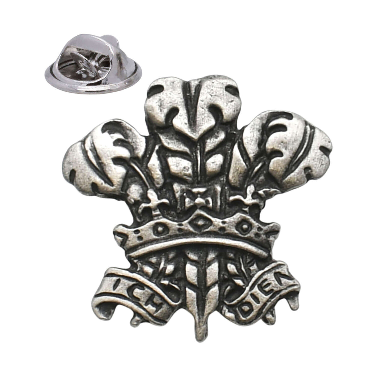 Antique silver-coloured Three Feathers Prince of Wales lapel pin with Ich Dien scroll and butterfly clasp
