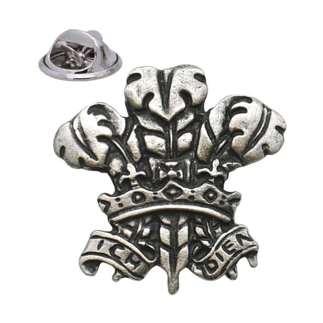 Antique silver-coloured Three Feathers Prince of Wales lapel pin with Ich Dien scroll and butterfly clasp
