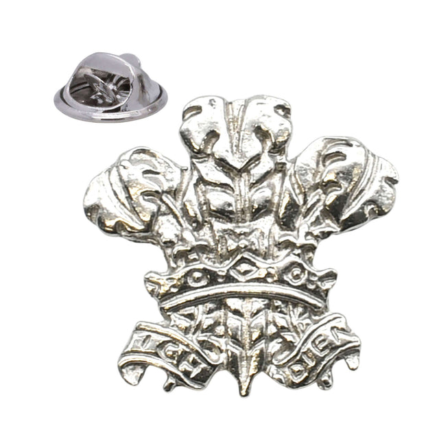 Bright silver-coloured Three Feathers Prince of Wales lapel pin with Ich Dien scroll and butterfly clasp