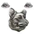 Antique silver-coloured corgi dog head lapel pin with upright ears and two butterfly clasps