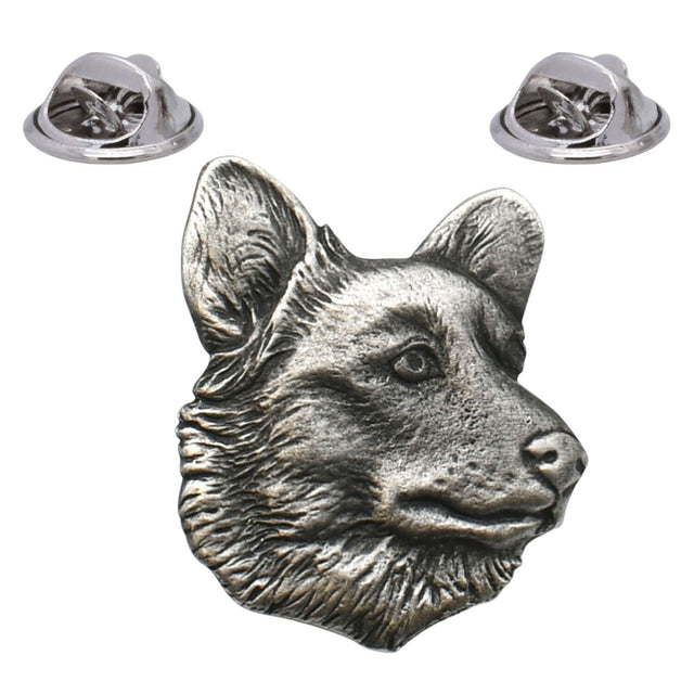 Antique silver-coloured corgi dog head lapel pin with upright ears and two butterfly clasps
