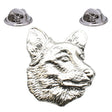Bright silver-coloured corgi dog head lapel pin with upright ears and two butterfly clasps