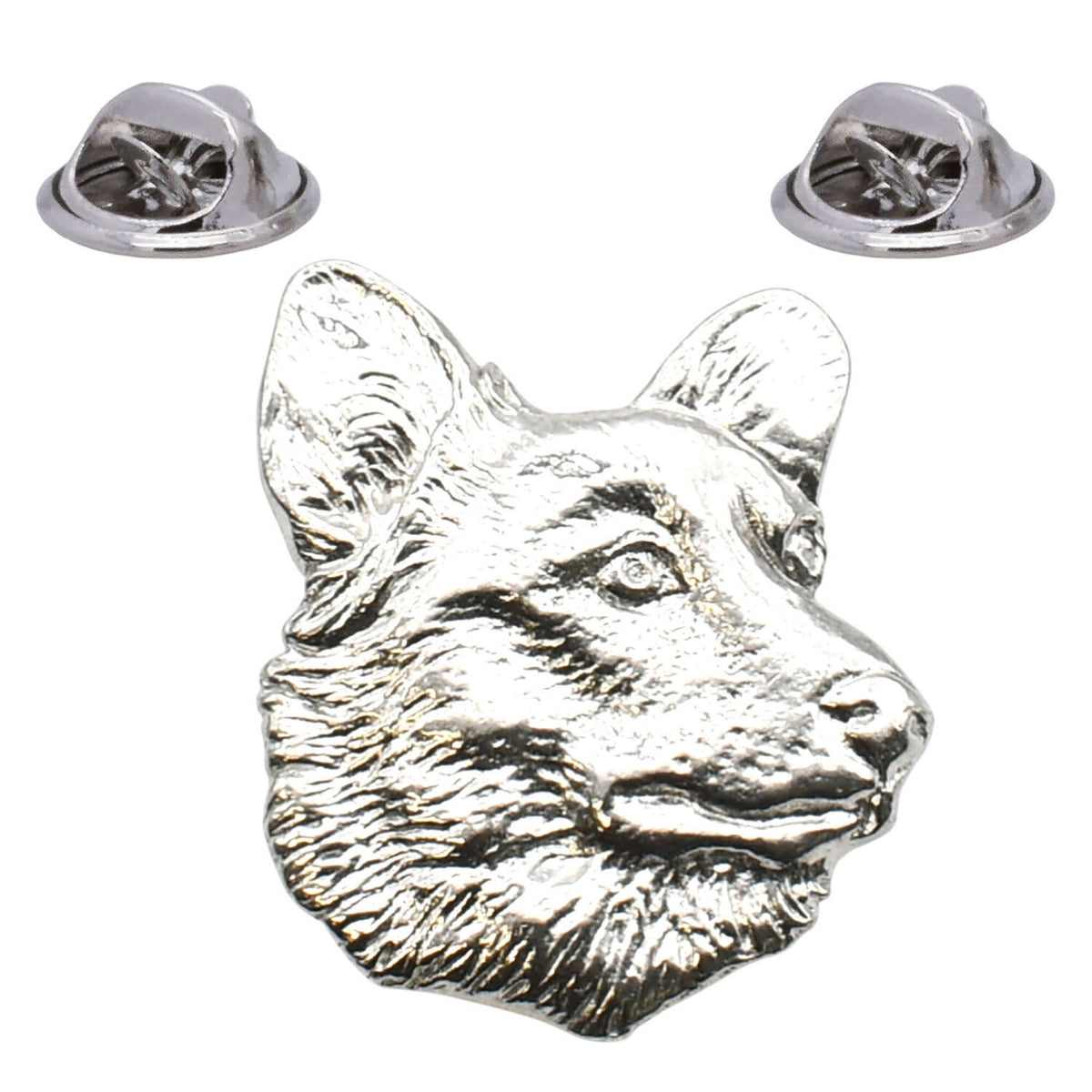 Bright silver-coloured corgi dog head lapel pin with upright ears and two butterfly clasps