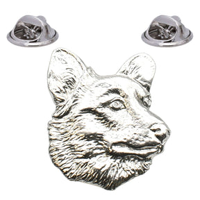 Bright silver-coloured corgi dog head lapel pin with upright ears and two butterfly clasps