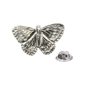 Shiny bright silver-coloured butterfly lapel pin with patterned spread wings and butterfly clasp