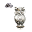 Shiny bright silver-coloured small owl lapel pin badge with large round eyes and butterfly clasp