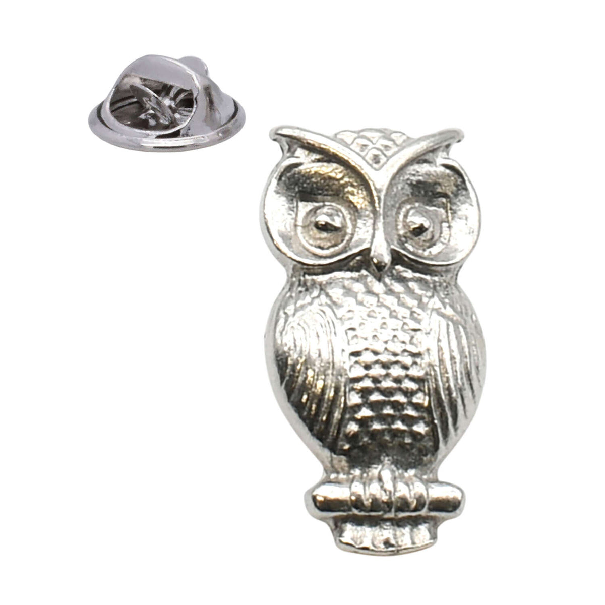 Shiny bright silver-coloured small owl lapel pin badge with large round eyes and butterfly clasp