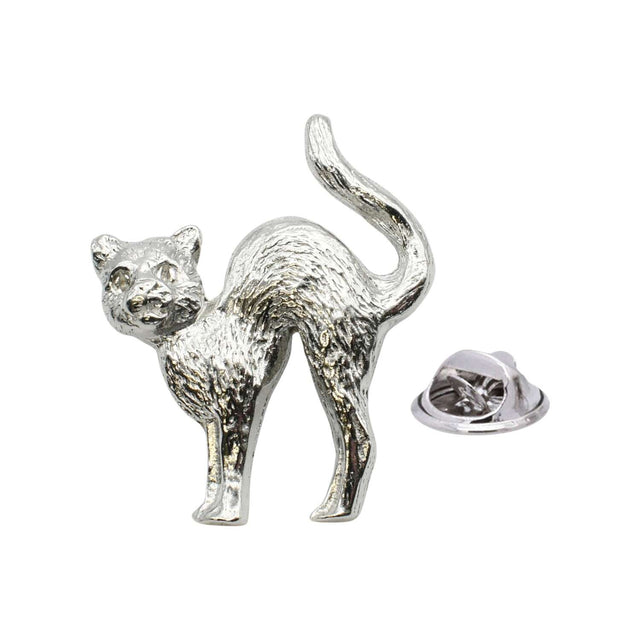 Shiny bright silver-coloured cat lapel pin badge with arched back, raised tail and butterfly clasp