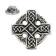 Antique silver-coloured Celtic cross lapel pin badge with ornate knotwork and butterfly clasp